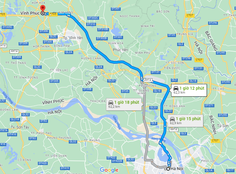 Khoảng cách từ Hà Nội đến Vĩnh Phúc là 62,3km theo số liệu từ Google Maps